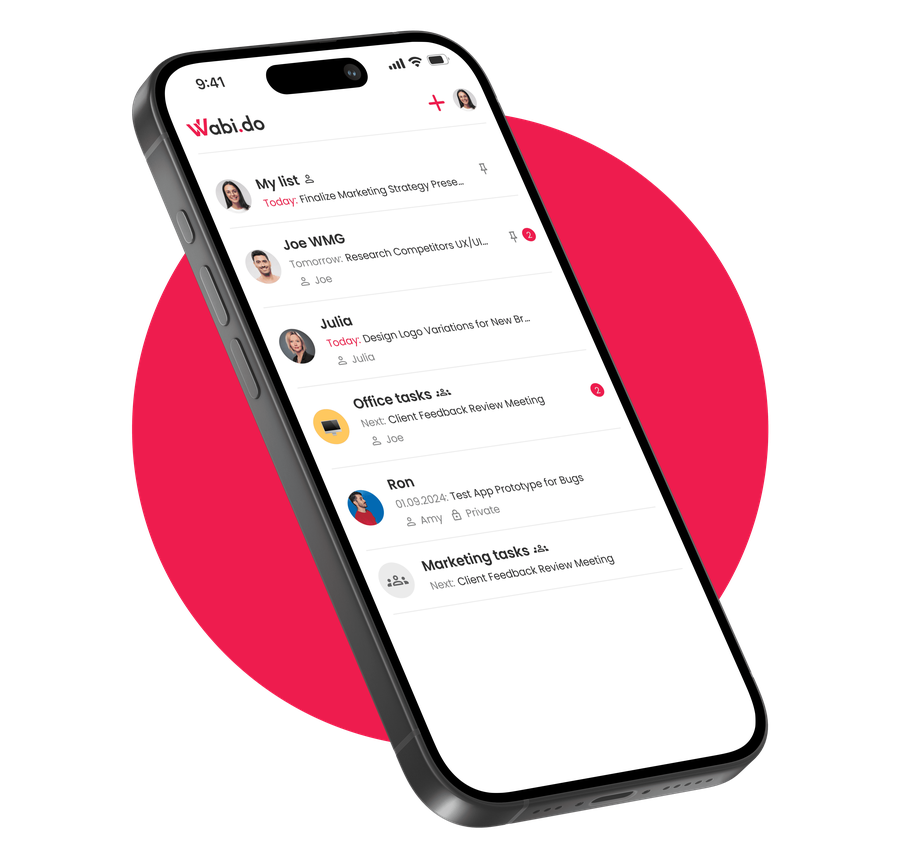 The Wabi home screen showing personal and shared lists side by side.